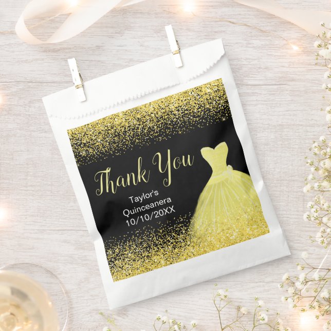 Bright Yellow Dress Faux Glitter Quinceanera Favor Bag (Clipped)