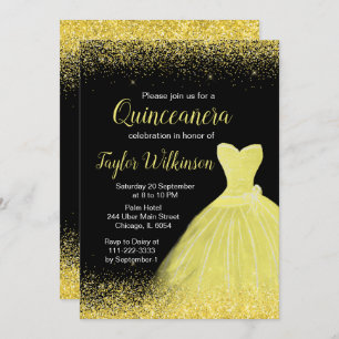 Bright Yellow Dress Faux Glitter Quinceanera Invitation