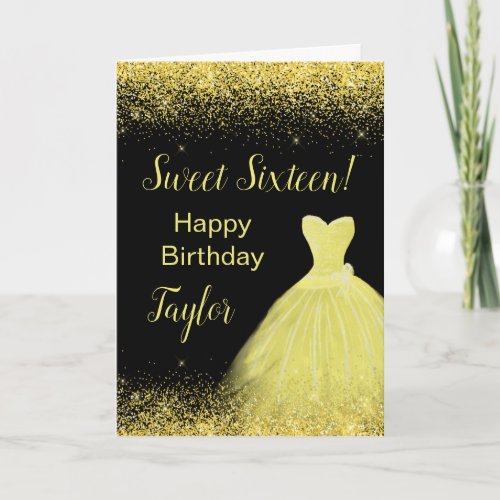 Bright Yellow Dress Faux Glitter Sweet 16 Birthday Card