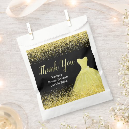 Bright Yellow Dress Faux Glitter Sweet 16 Birthday Favor Bag