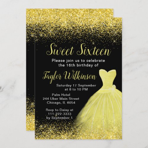 Bright Yellow Dress Faux Glitter Sweet 16 Birthday Invitation
