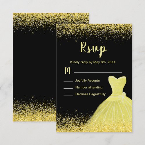 Bright Yellow Dress Faux Glitter Sweet 16 Birthday RSVP Card