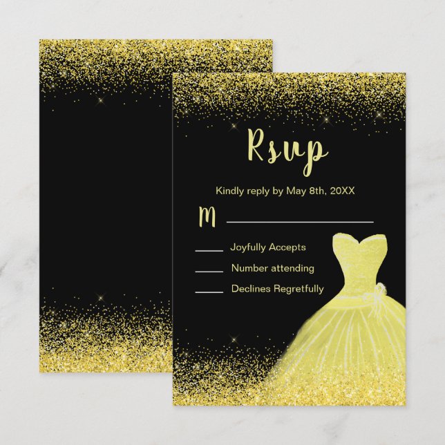 Bright Yellow Dress Faux Glitter Sweet 16 Birthday RSVP Card (Front/Back)