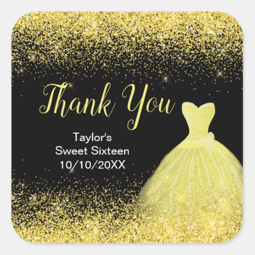 Bright Yellow Dress Faux Glitter Sweet 16 Birthday Square Sticker