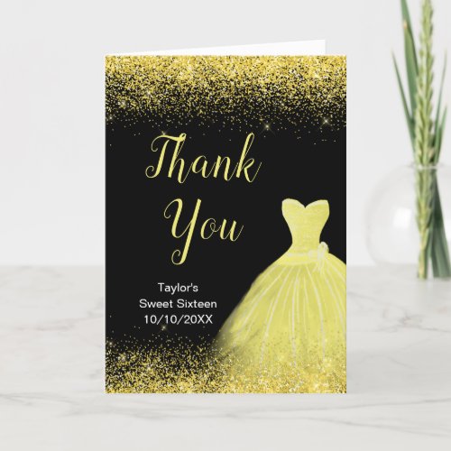 Bright Yellow Dress Faux Glitter Sweet 16 Birthday Thank You Card