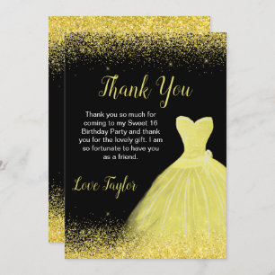 Bright Yellow Dress Faux Glitter Sweet 16 Birthday Thank You Card