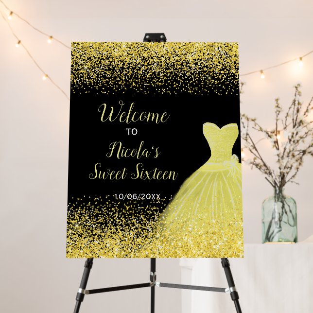 Bright Yellow Dress Faux Glitter Sweet 16 Welcome Foam Board (In Situ (Stand))