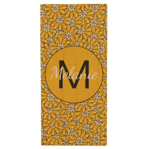 Bright Yellow Floral Pattern Personalised Wood Flash Drive