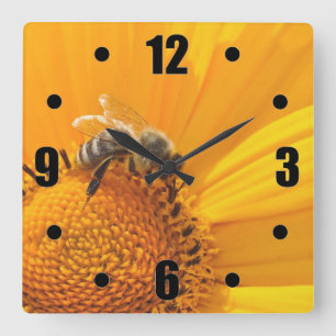 Bright Yellow Flower And Honey Bee Square Wall Clock