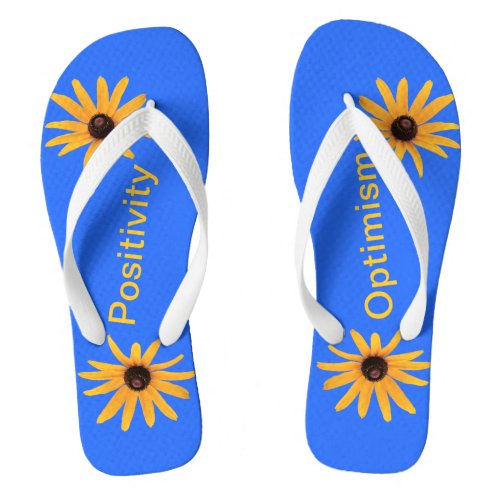 Bright Yellow Flowers on Blue Optimism Positivity Flip Flops