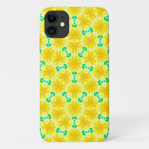 Bright Yellow Flowers with Green Geometric Shapes iPhone 11 Case