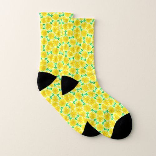 Bright Yellow Flowers with Green  Socks