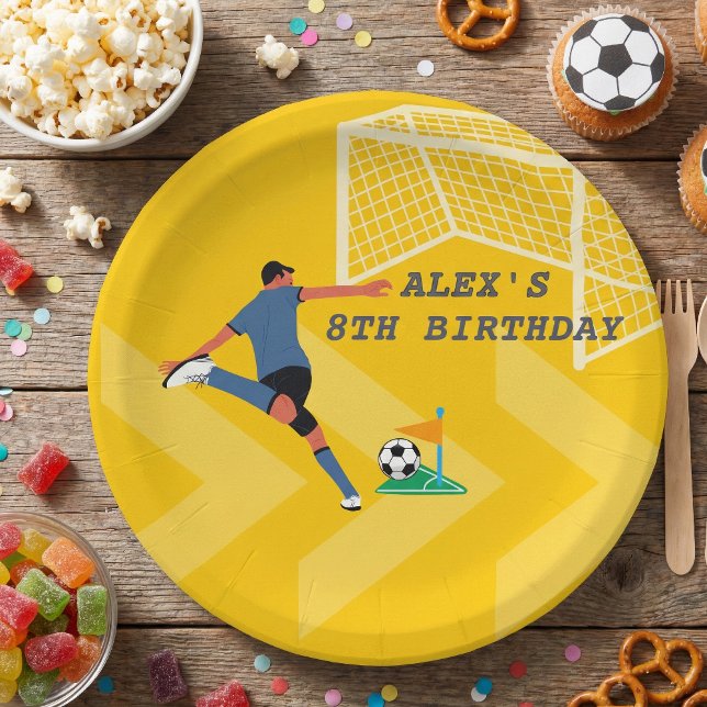 Bright Yellow Fun Soccer Player Goal Birthday Paper Plates (Creator Uploaded)