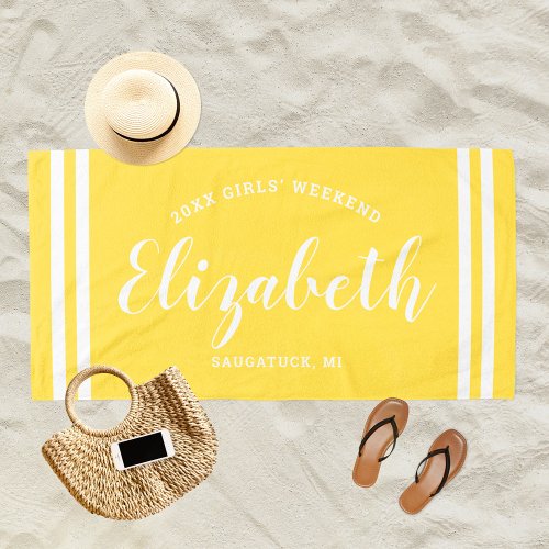 Bright Yellow Girls Weekend Personalized Name Beach Towel