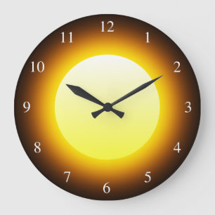 Bright Yellow Glowing Sun on Black Small Numbers Large Clock