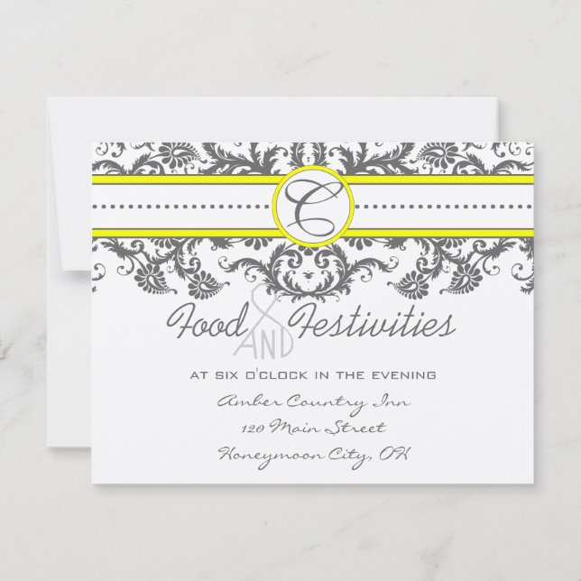 Bright Yellow &  Gray Damask Reception Cards (Back)