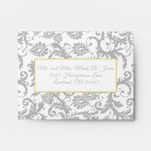 Bright Yellow  Gray Damask Wedding RSVP Envelopes