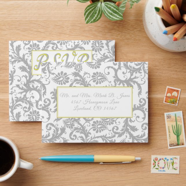Bright Yellow & Gray Damask Wedding RSVP Envelopes (Desk)