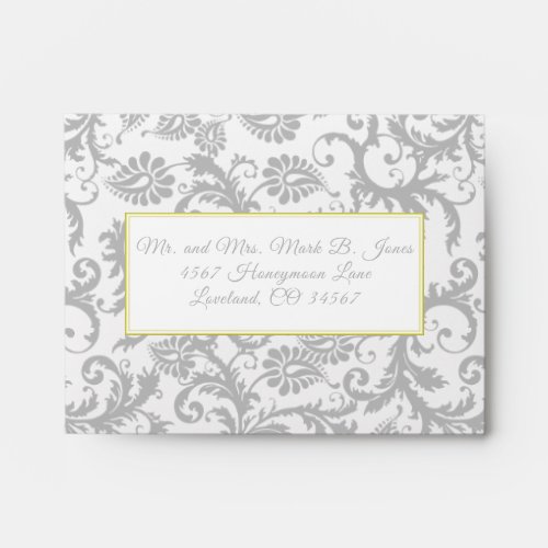 Bright Yellow  Gray Damask Wedding RSVP Envelopes