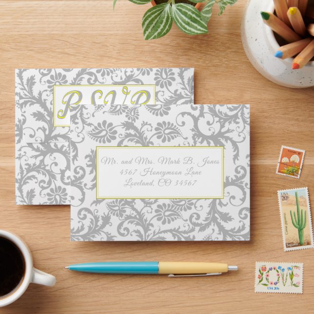 Bright Yellow & Gray Damask Wedding RSVP Envelopes (Desk)