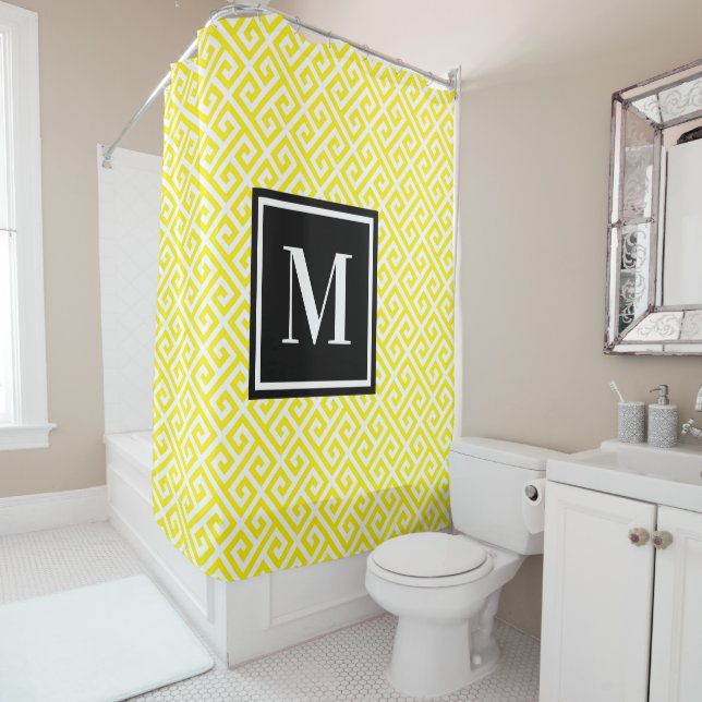 Bright Yellow Greek Key Black White Monogram Shower Curtain (In Situ)