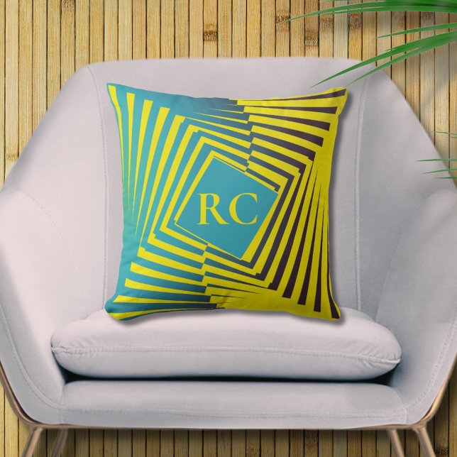 Bright Yellow Green Jungle Style Pattern Monogram Throw Pillow (Creator Uploaded)