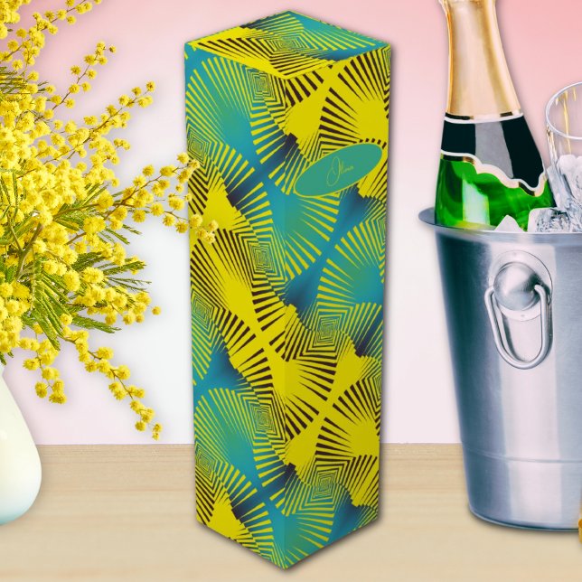 Bright Yellow Green Jungle Style Pattern Monogram Wine Box (Creator Uploaded)