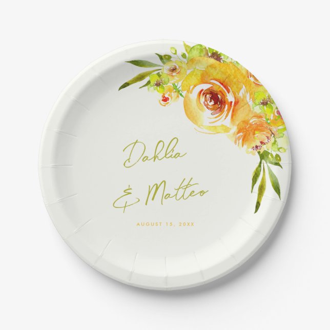 Bright Yellow Green Vibrant Summer Floral Wedding Paper Plates (Front)