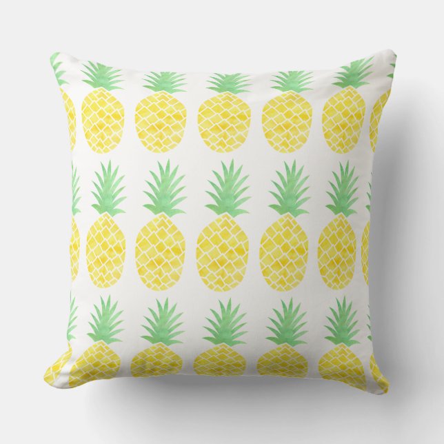 Bright Yellow & Green Watercolor Pineapple Pattern Throw Pillow (Front)