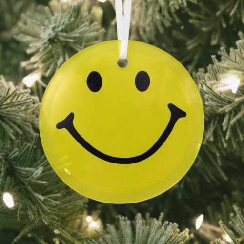 Bright Yellow Happy Smiling Face  Glass Ornament