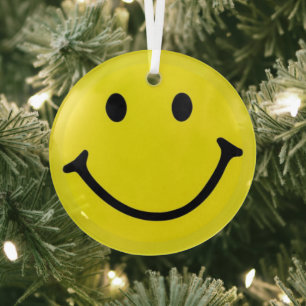 Bright Yellow Happy Smiling Face  Glass Ornament