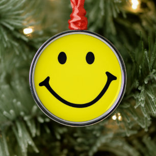 Bright Yellow Happy Smiling Face Metal Ornament