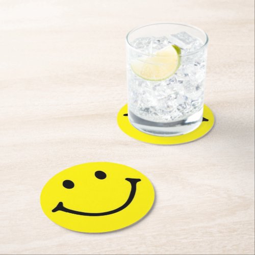 Bright Yellow Happy Smiling Face  Round Paper Coaster