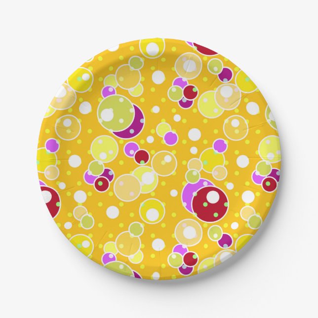 Bright yellow kids fun bubbles circles birthday cu paper plates (Front)