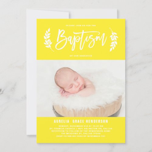 Bright Yellow Laurel Wreath Baby Photo Baptism Invitation