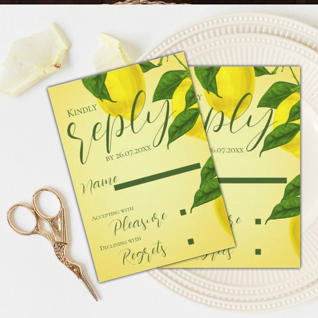 Bright Yellow Lemon Citrus Wedding Reply by RSVP Card (Elegant Script Bright Yellow Citrus Wedding RSVP Card)