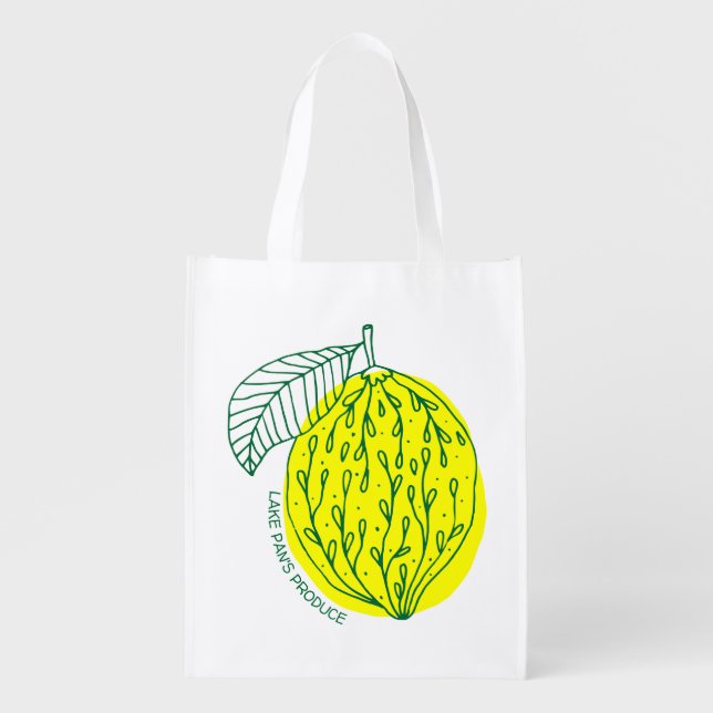 Bright Yellow Lemon Illustration Reusable Grocery Bag (Front)
