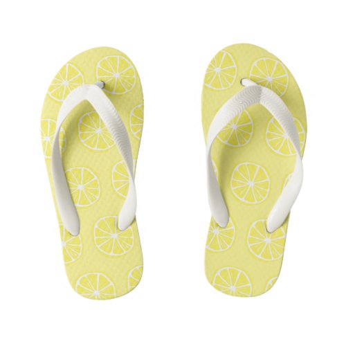 Bright Yellow Lemon Slice Pattern on Light Yellow Kids Flip Flops