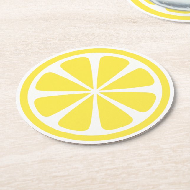 Bright Yellow Lemon Slice Round Paper Coaster (Angled)