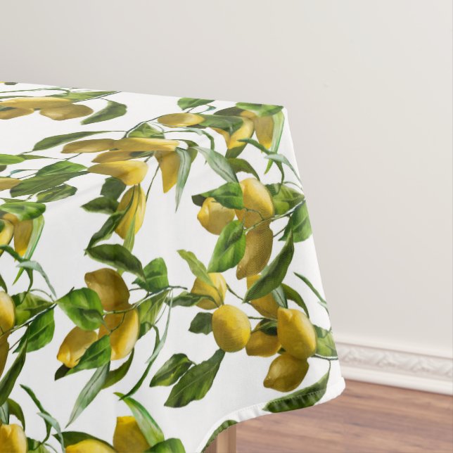 Bright Yellow Lemons and Green Leaves Tablecloth (In Situ)