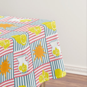 Bright yellow lemons, orange sun, summer pitchers  tablecloth