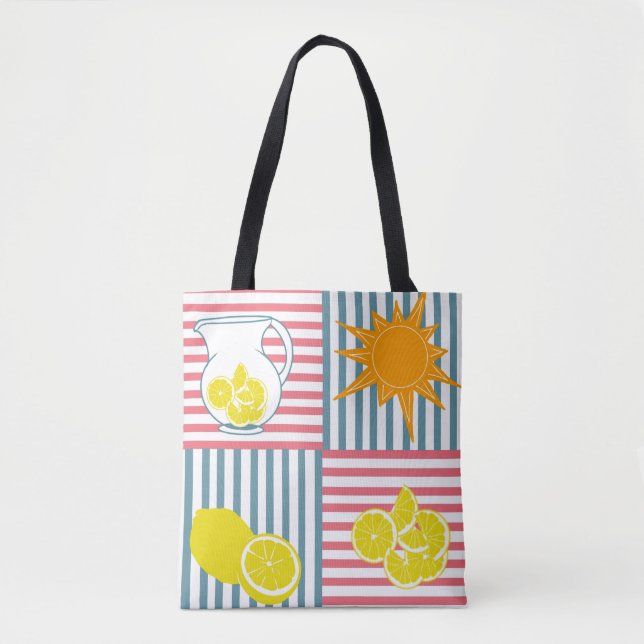 Bright yellow lemons, orange sun, summer pitchers  tote bag (Front)