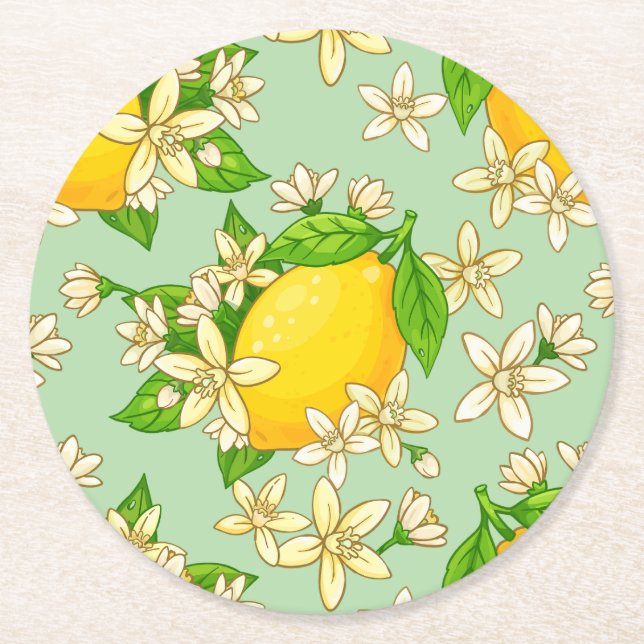 bright yellow lemons round paper coaster (Front)