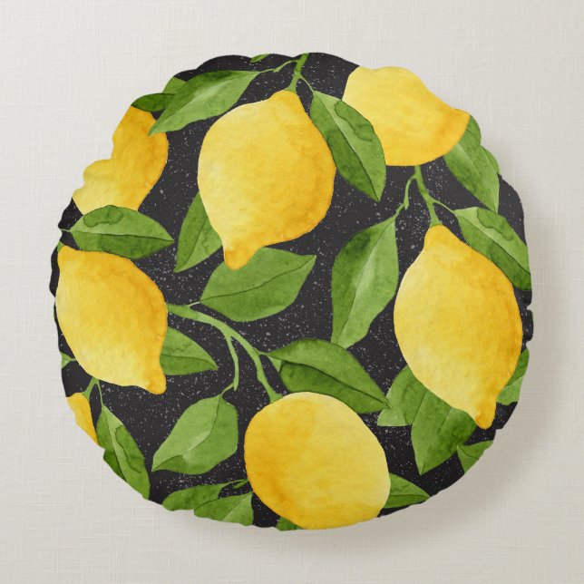 Bright Yellow Lemons Watercolor Seamless Round Pillow (Front)