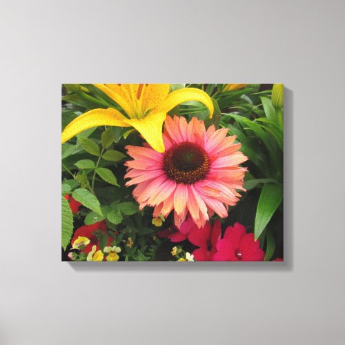 Bright Yellow Lilies With Pink Coneflower Canvas