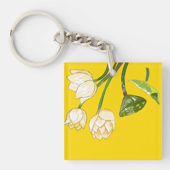 Bright Yellow Lotus Flowers & Lotus Seedpod Keycha Keychain (Front)