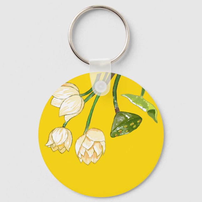 Bright Yellow Lotus Flowers & Lotus Seedpod Keychain (Front)