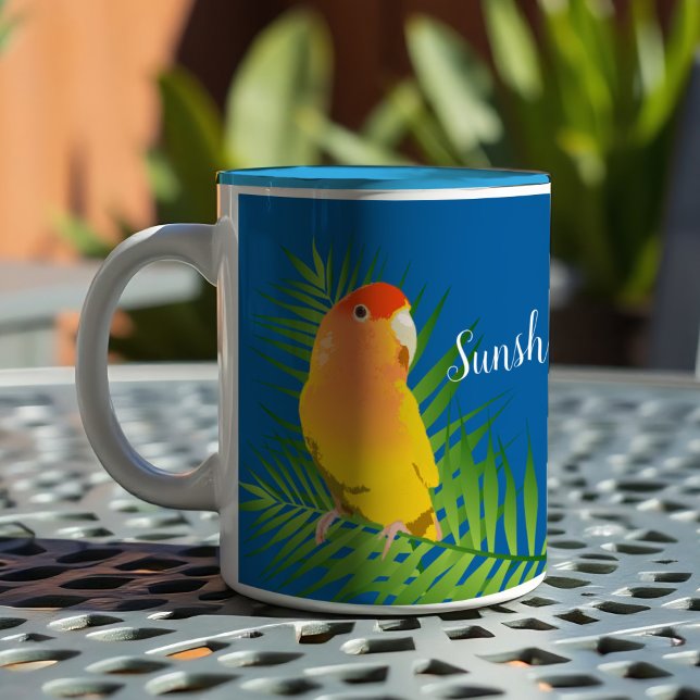 Bright Yellow Lutino Peachfaced Lovebird Pet Bird Two-Tone Coffee Mug (Personalized mug featuring a playful yellow lovebird for proud bird parents!)