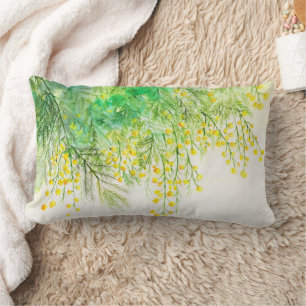 Bright Yellow Mimosa Watercolor Flower Painting Lumbar Pillow