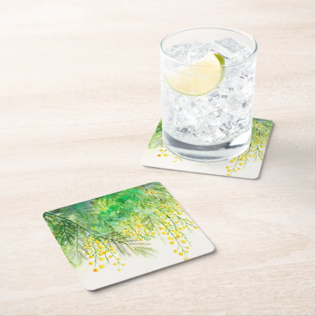 Bright Yellow Mimosa Watercolor Flower Painting Square Paper Coaster (Insitu)